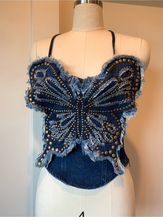 AKIRA Tops - AKIRA Blue Denim Butterfly Studded Corset Camisole